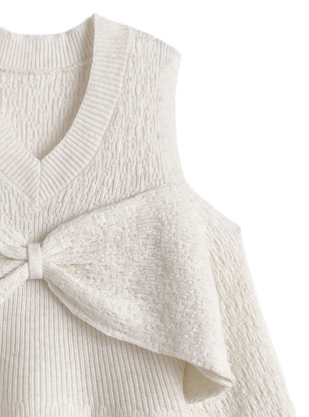 オープンショルダーリボンペプラムラメニットトップス