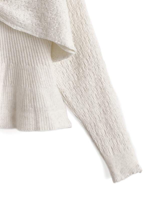 オープンショルダーリボンペプラムラメニットトップス