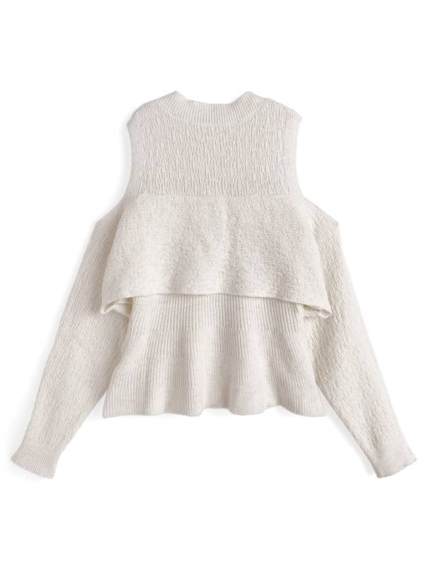 オープンショルダーリボンペプラムラメニットトップス