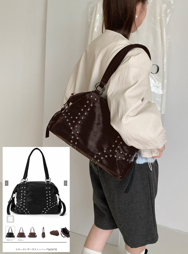 スタッズレザーボストンバッグ