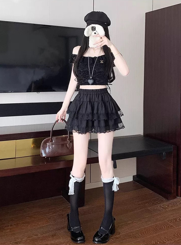 インパン裏地付きドット柄チュールレースティアードミニスカート