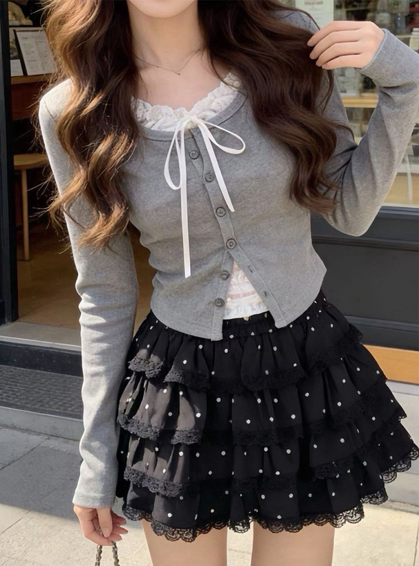 インパン付きドット柄ティアードレースミニスカート