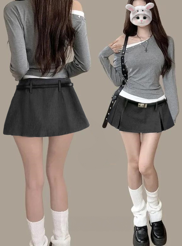 インパン裏地・ベルト付タックプリーツミニスカート