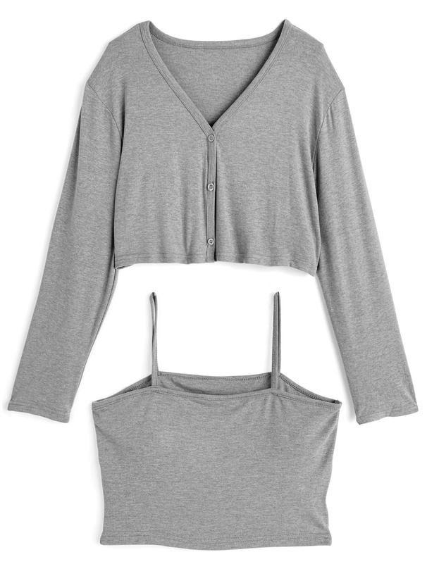 カップ付きキャミソール×ショート丈カーディガン×パンツセットアップ