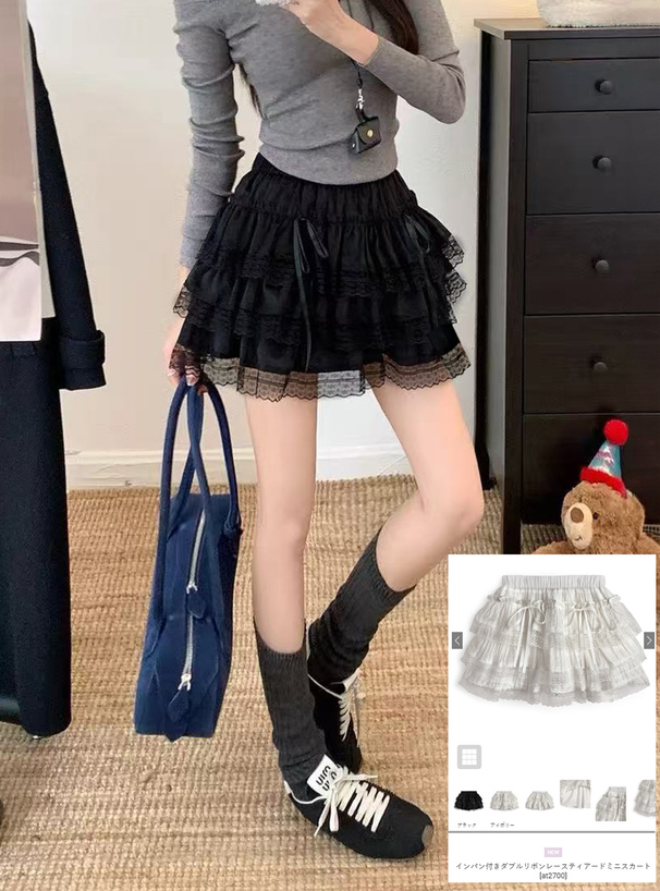 インパン付きダブルリボンレースティアードミニスカート