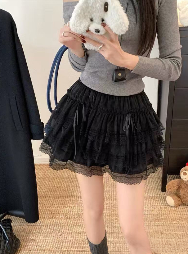 インパン付きダブルリボンレースティアードミニスカート