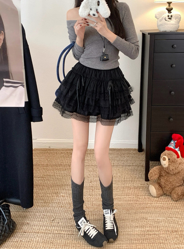 インパン付きダブルリボンレースティアードミニスカート