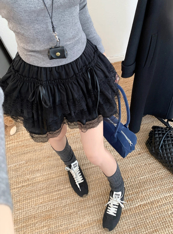 インパン付きダブルリボンレースティアードミニスカート