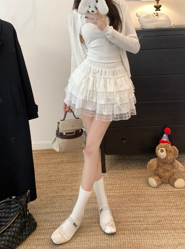 インパン付きダブルリボンレースティアードミニスカート