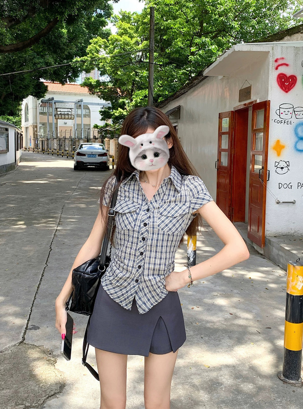 チェック柄スキッパーサイドタックシャツ