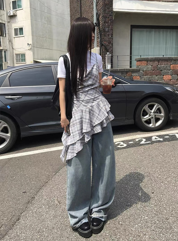 チェック柄アシンメトリーフリルキャミソールチュニック