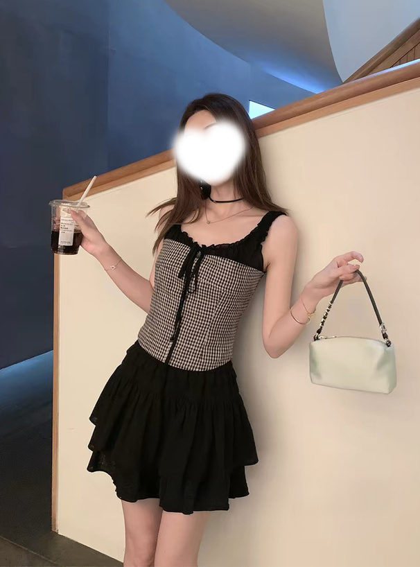 ギンガムチェック柄シアー切替トップス