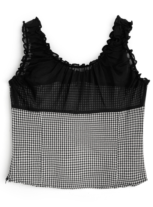 ギンガムチェック柄シアー切替トップス