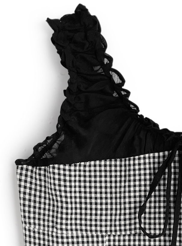 ギンガムチェック柄シアー切替トップス