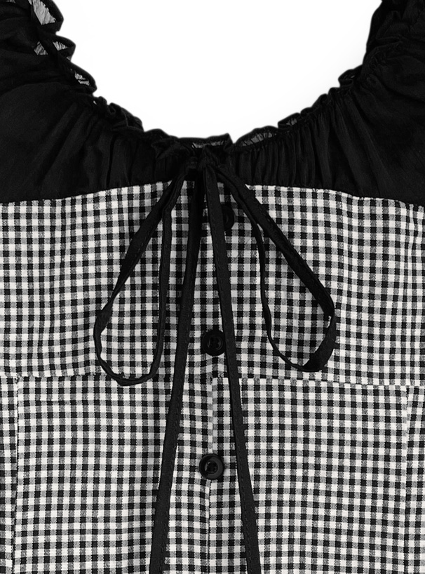 ギンガムチェック柄シアー切替トップス