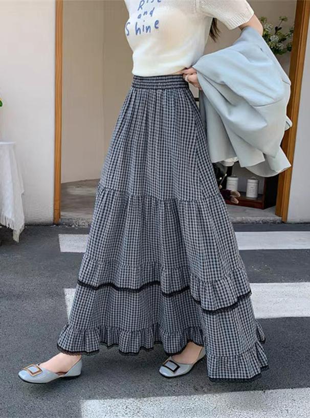 チェック柄ティアードロングスカート