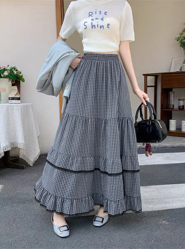 チェック柄ティアードロングスカート