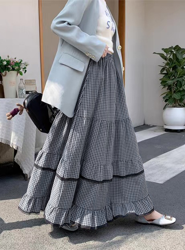 チェック柄ティアードロングスカート
