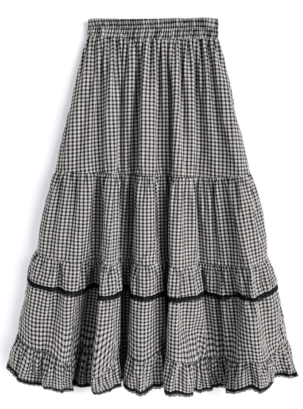 チェック柄ティアードロングスカート