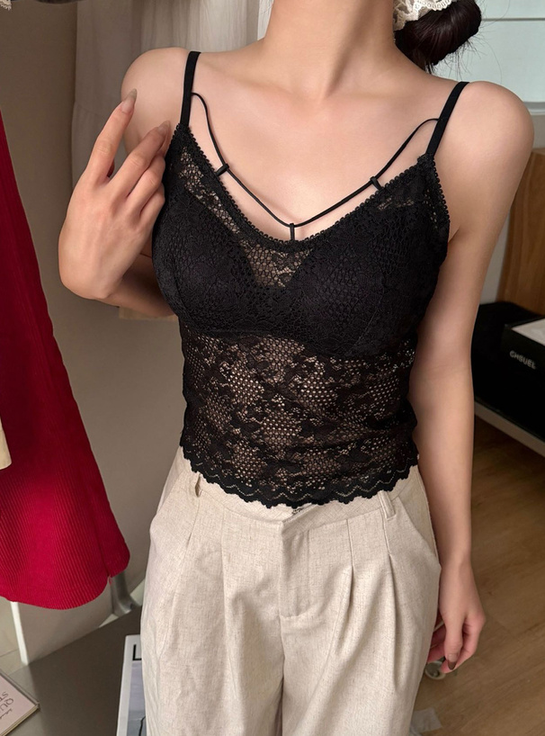 カップ付きバタフライ柄レースキャミソール