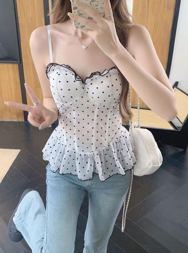 カップ付きドット柄シアーフリルキャミソールトップス