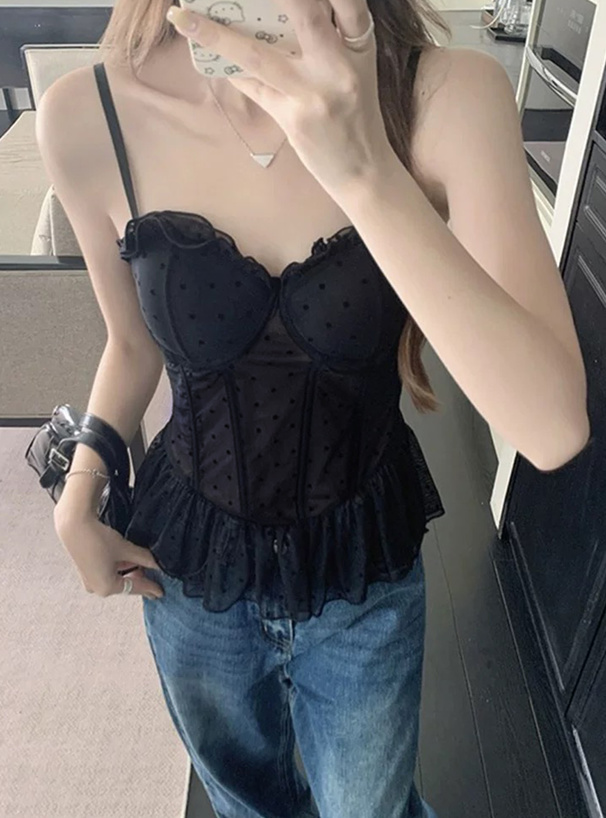 カップ付きドット柄シアーフリルキャミソールトップス