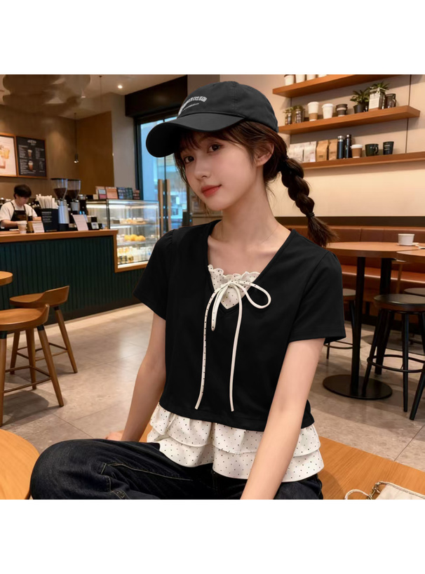 ドット柄レイヤード風リボンフリルトップス