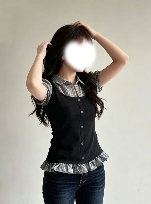 チェック柄シャツレイヤード風トップス