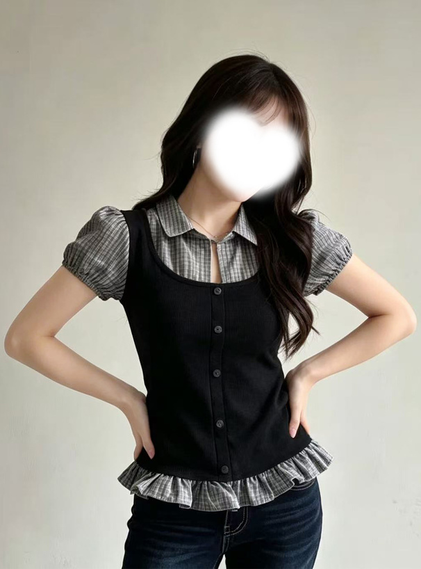 チェック柄シャツレイヤード風トップス