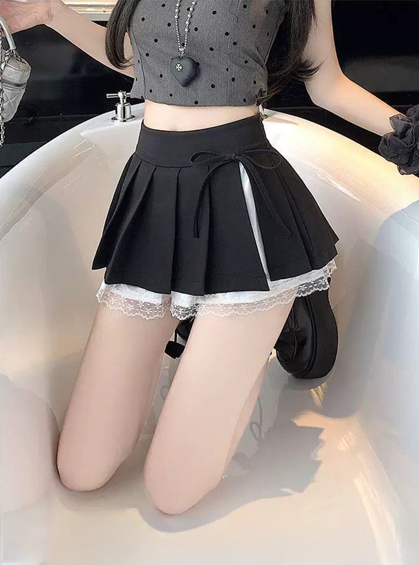 インパン裏地付きリボンレースプリーツミニスカート