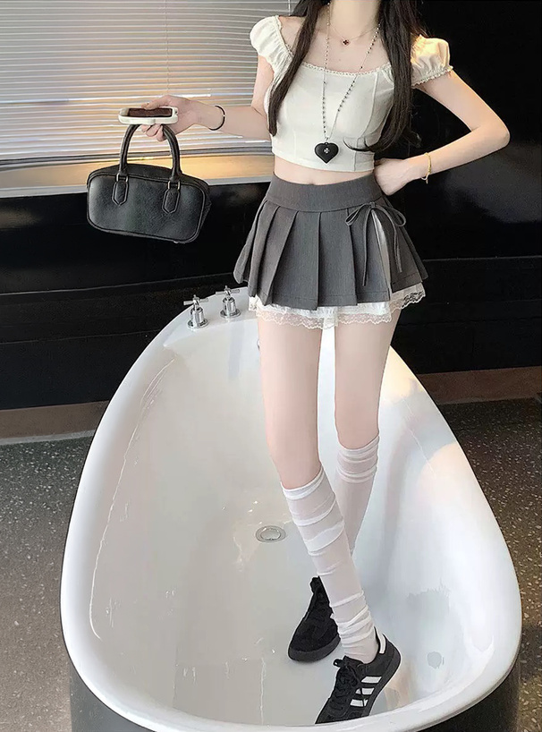 インパン裏地付きリボンレースプリーツミニスカート