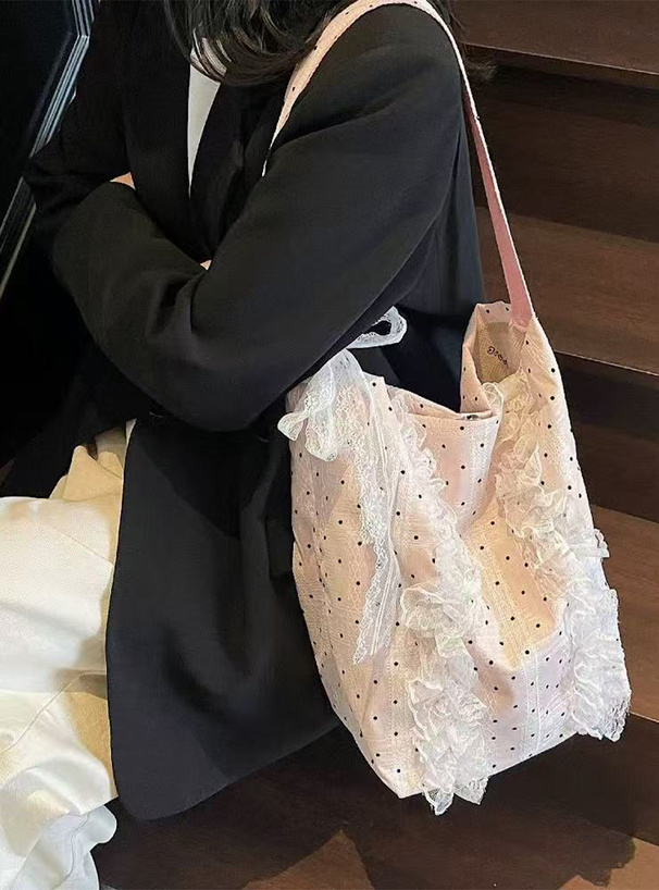 リボン付きドット柄レースチェックフリルトートバッグ