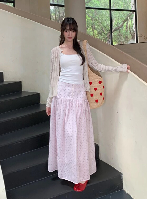 ドット柄ギャザー切替フレアスカート