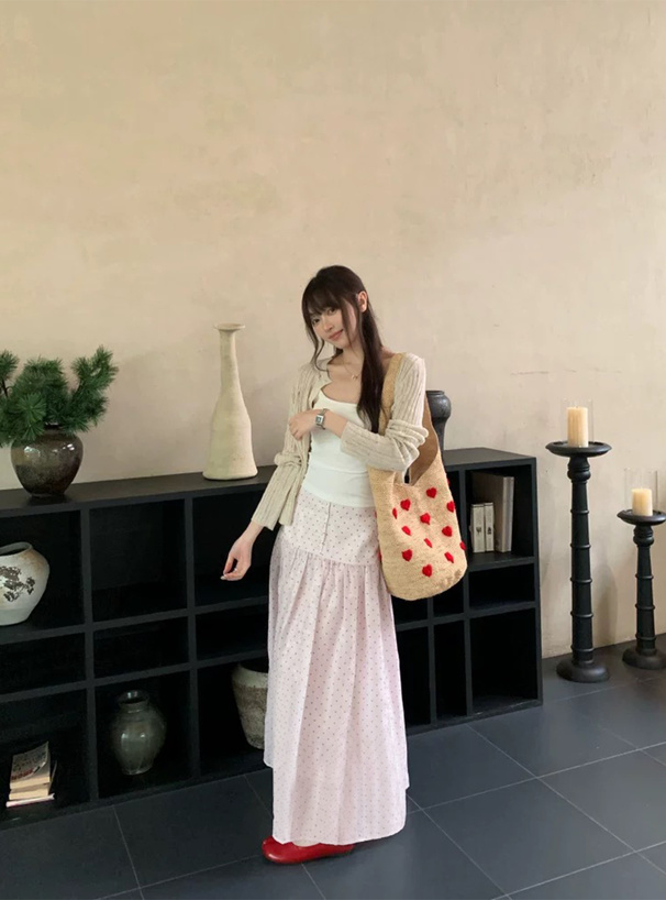 ドット柄ギャザー切替フレアスカート