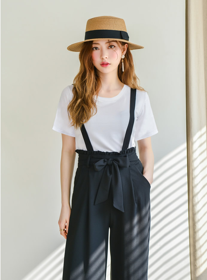 トップス×リボンベルト付サスワイドパンツセットアップ
