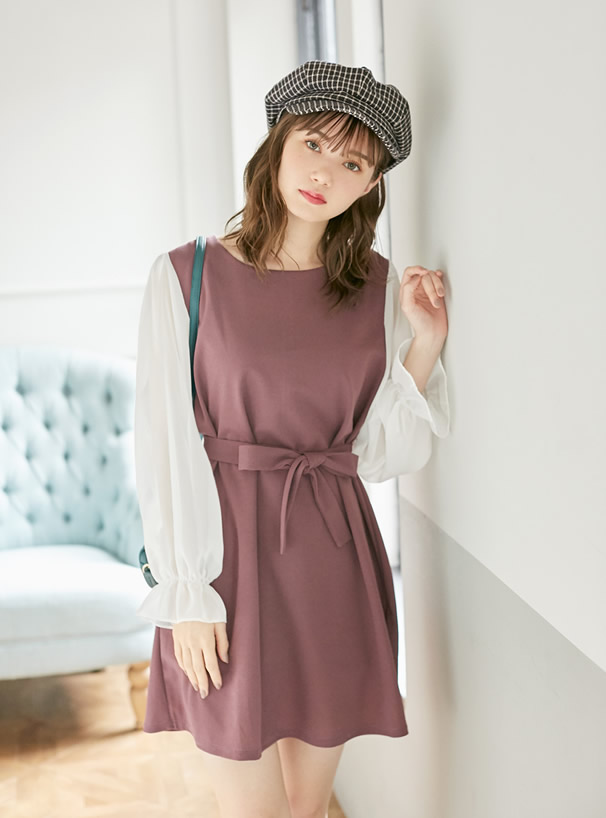 リボンベルト付袖シフォンワンピース