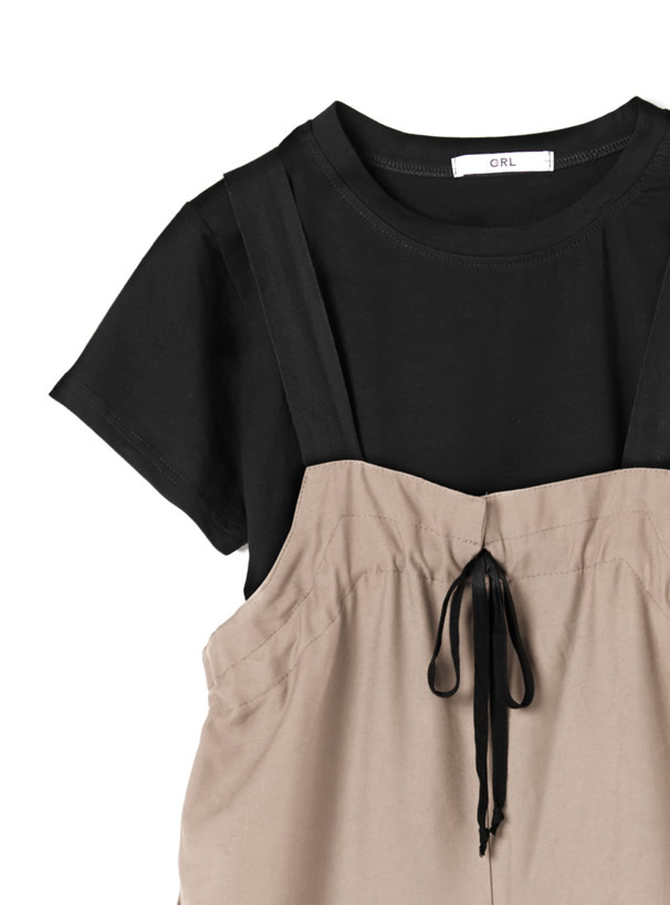 Tシャツ×ワイドサロペットパンツ2点セットアップ