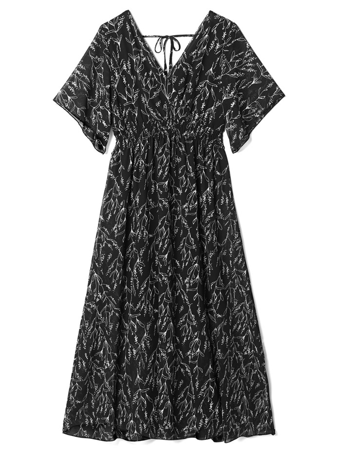 リーフ柄ウエストシャーリングカシュクールワンピース