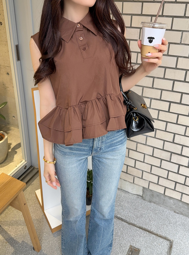 ティアードフリルノースリーブシャツトップス