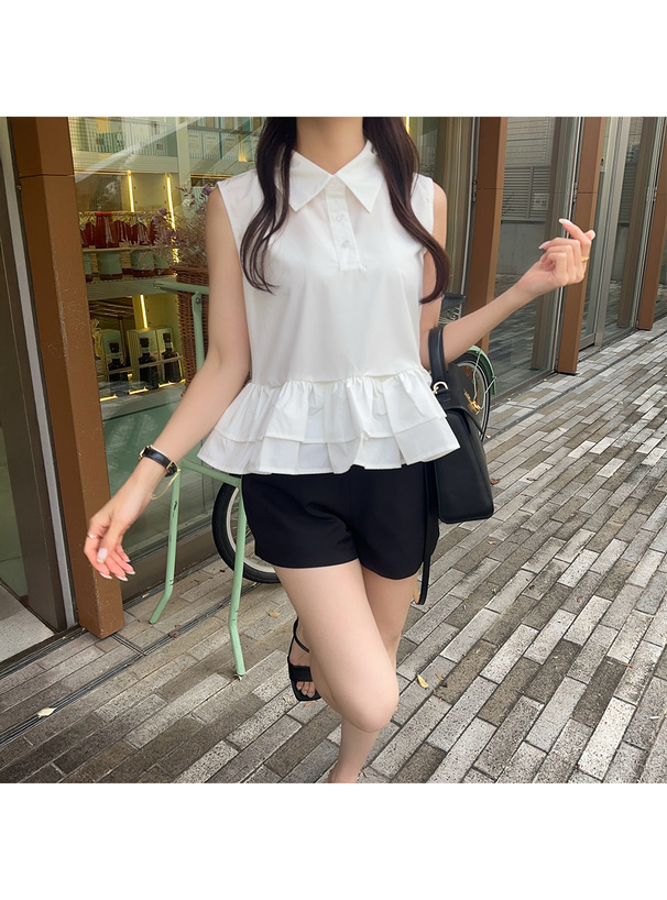 ティアードフリルノースリーブシャツトップス