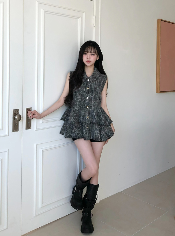 ツイードティアードフリンジノースリーブチュニック