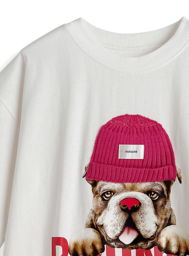 ニット帽ブルドックロゴプリントTシャツ