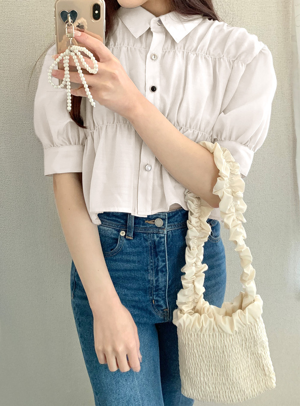 デザインボタンシャーリングシアーブラウス