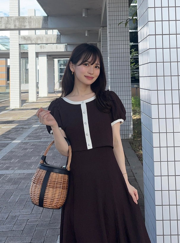 配色カーディガン×キャミワンピースセットアップ