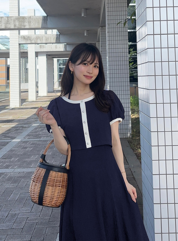 ホルターネック付き配色カーディガン×キャミソールワンピースセットアップ