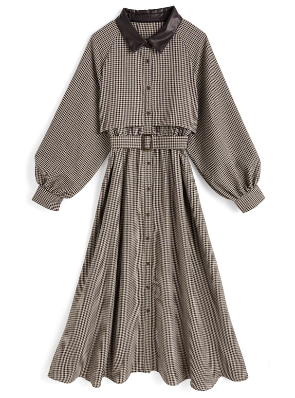 ベルト付きレザー襟チェック柄ワンピース[cc116]