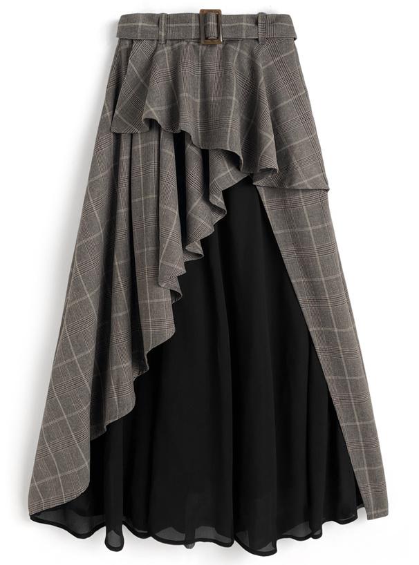 ベルト付きチェック柄異素材ラッフルフリルスカート[cc117]