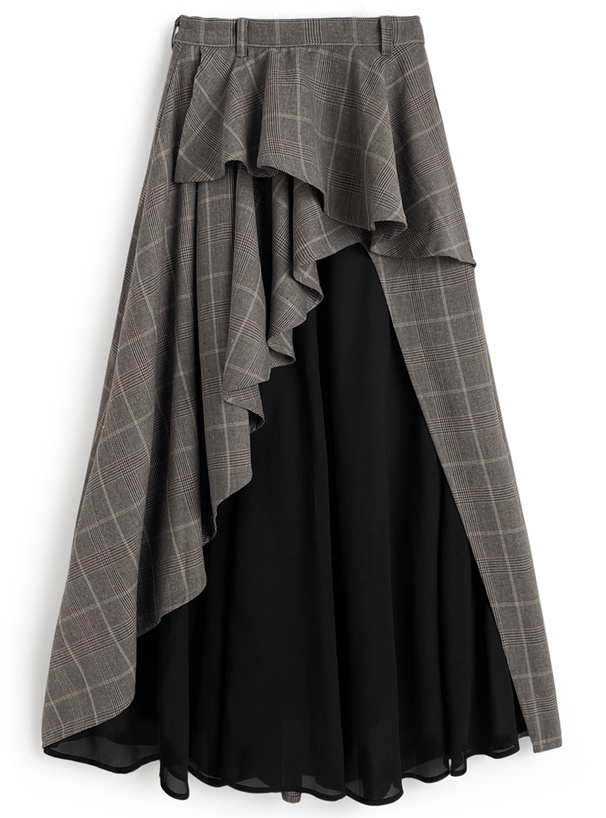 ベルト付きチェック柄異素材ラッフルフリルスカート[cc117