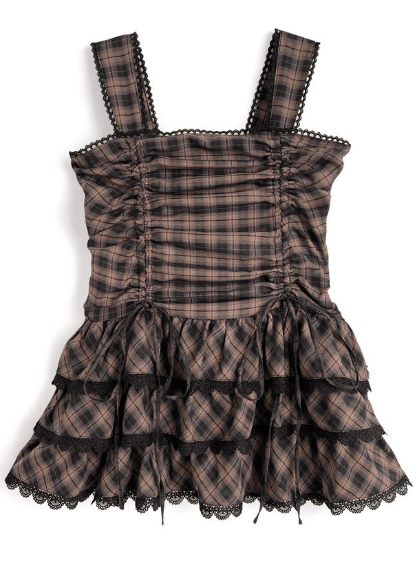 チェック柄ドロストティアードフリルミニワンピース[cc126]