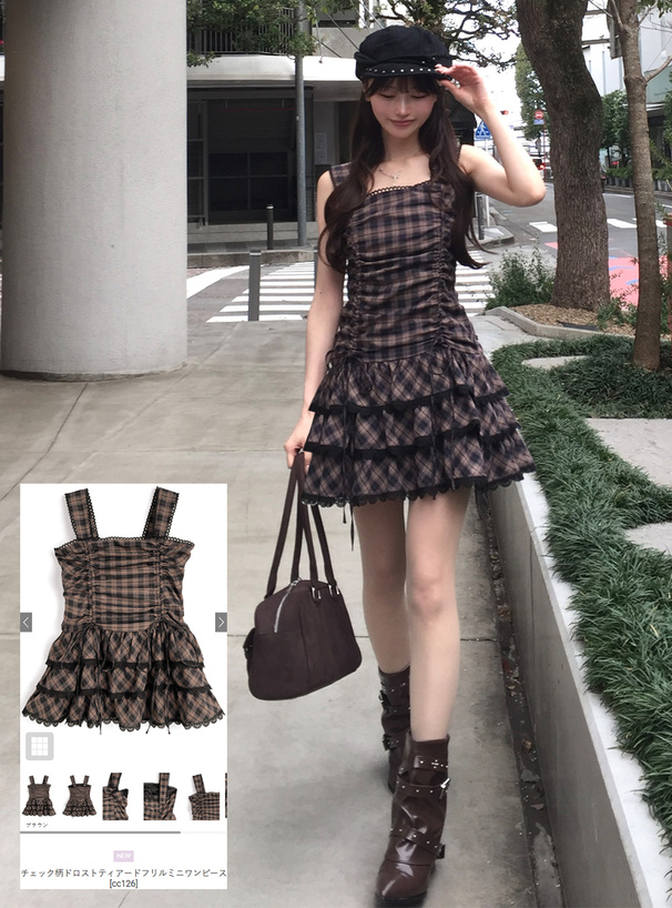 チェック柄ドロストティアードフリルミニワンピース